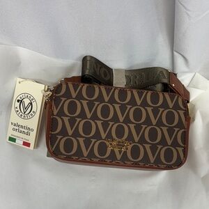 Valentino Orlandi Brown vovo Logo Crossbody strap two pocket zip up purse
